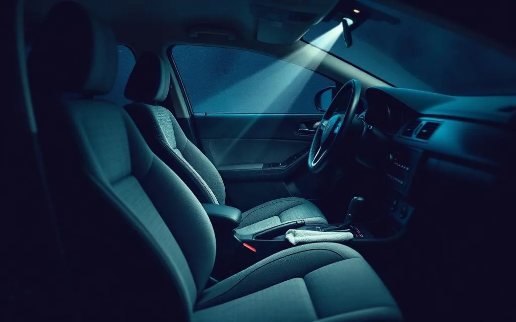 Tidy car interior with clean cloth seats and dashboard