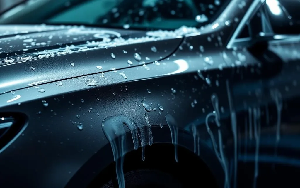Freshly rinsed dark car body with water beading on the paint