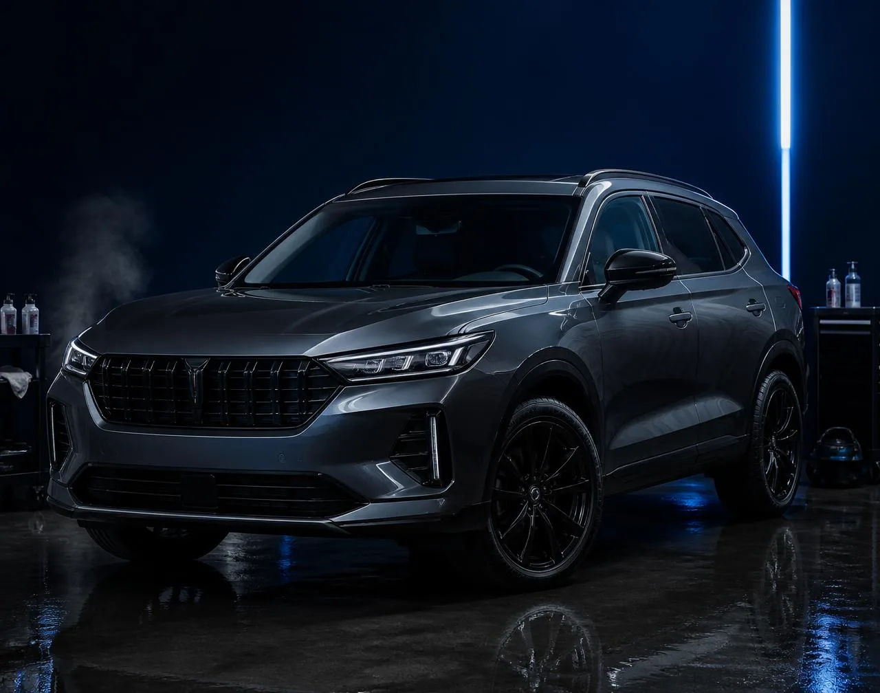 Freshly detailed dark grey SUV with glossy paint inside a professional auto detailing studio