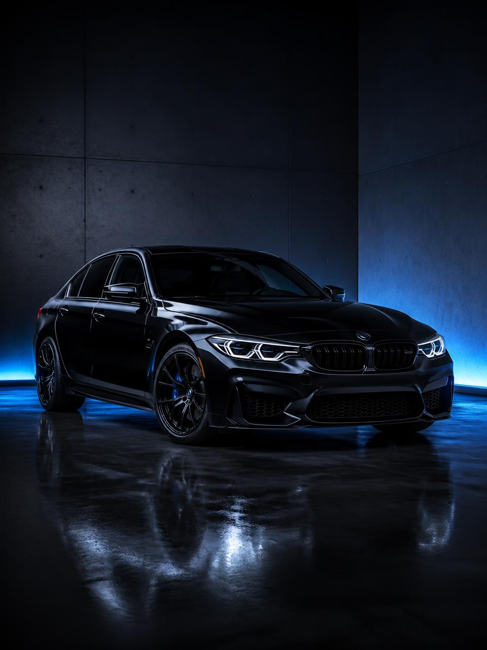 Glossy black luxury sedan detailed and lit by blue studio lighting
