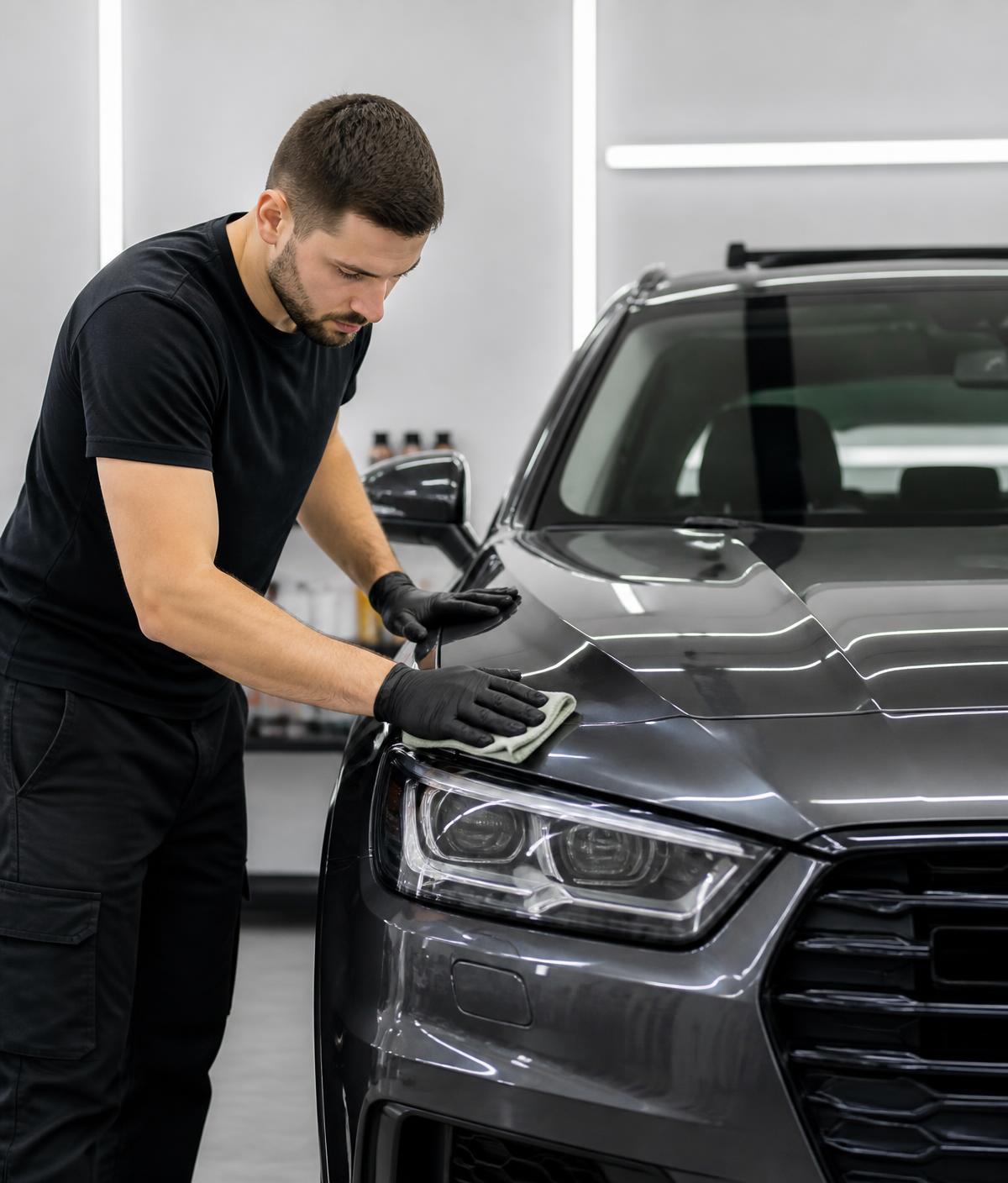A detailer wiping down the hood of a modern SUV in a clean detailing bay